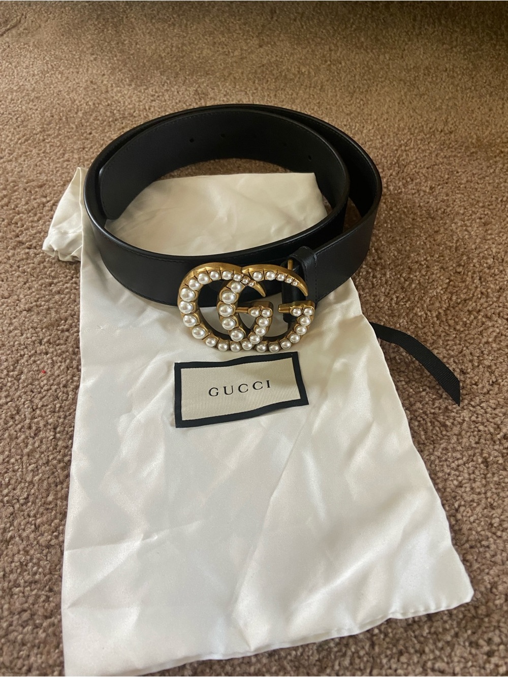 Gucci GG Faux Pearl Buckle Women's Black Leather Belt GORGEOUS
